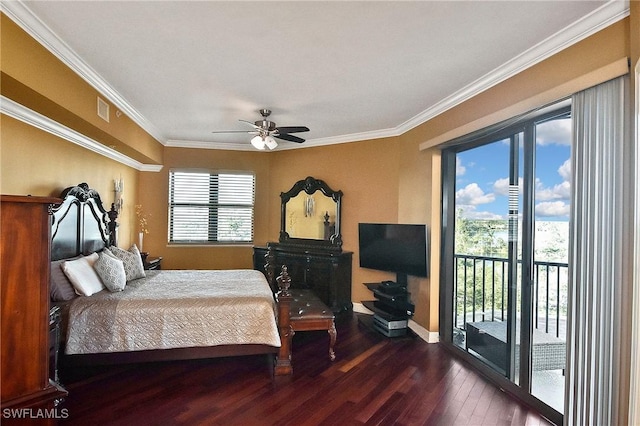 bedroom with ornamental molding, access to outside, ceiling fan, dark wood-type flooring, and multiple windows