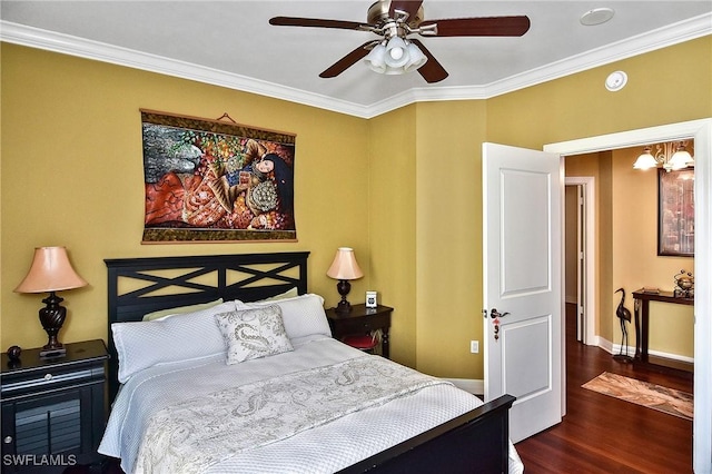 bedroom with ceiling fan with notable chandelier, dark wood-type flooring, and crown molding