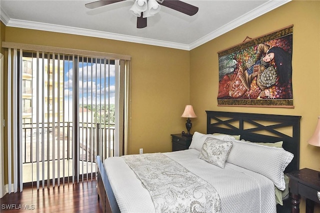 bedroom with access to outside, ceiling fan, crown molding, and wood-type flooring