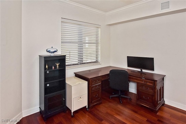 home office featuring dark hardwood / wood-style flooring and ornamental molding