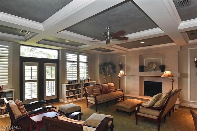 carpeted living room with beam ceiling, crown molding, and coffered ceiling