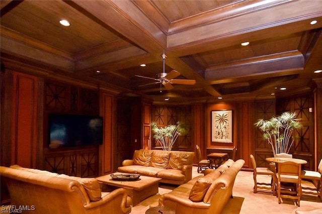 carpeted cinema room featuring coffered ceiling, ceiling fan, beam ceiling, wooden ceiling, and wood walls