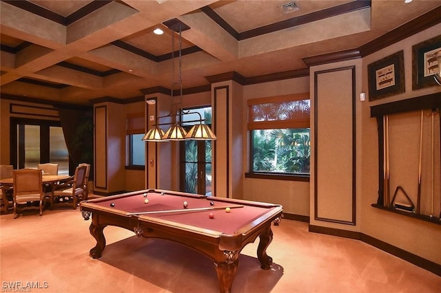 rec room with light carpet, pool table, coffered ceiling, and ornamental molding