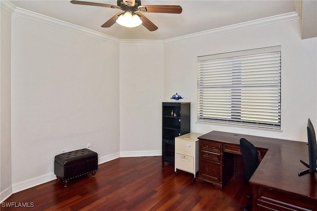 office area featuring dark hardwood / wood-style flooring, ceiling fan, and crown molding