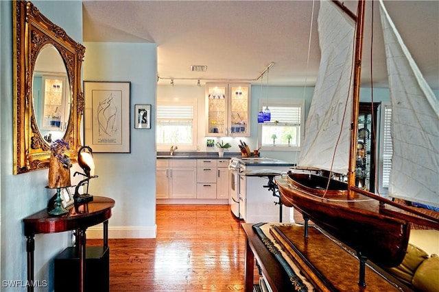 kitchen featuring white cabinets, white range with electric stovetop, a healthy amount of sunlight, and light hardwood / wood-style flooring