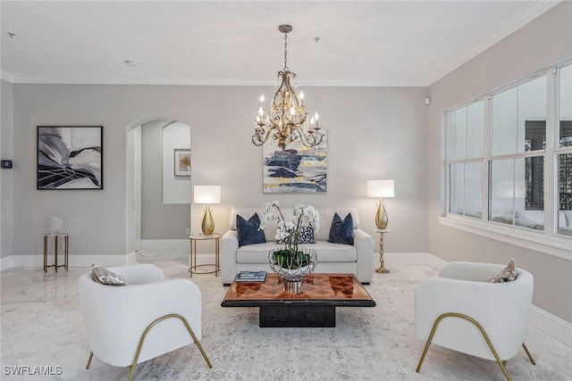 living room featuring an inviting chandelier and ornamental molding