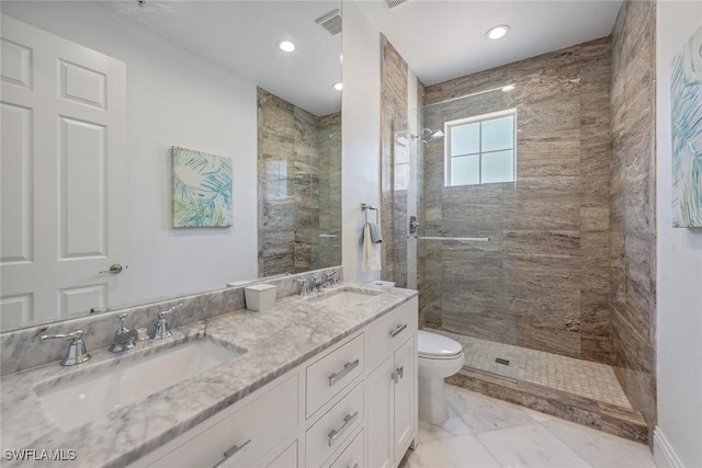 full bathroom featuring a tile shower, toilet, and a sink