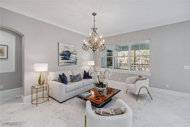 living area featuring marble finish floor, baseboards, and ornamental molding