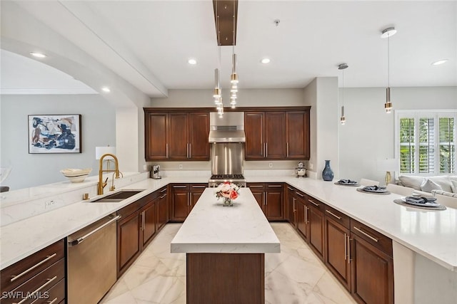 kitchen featuring marble finish floor, dishwasher, a peninsula, and a sink