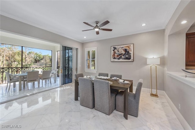 dining area featuring crown molding, recessed lighting, baseboards, and marble finish floor