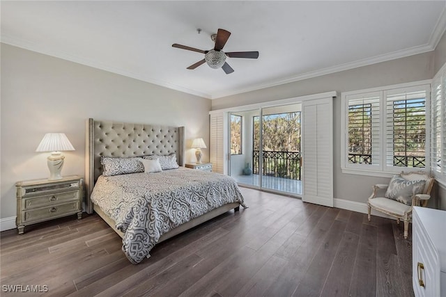 bedroom featuring baseboards, dark wood-type flooring, ornamental molding, and access to outside