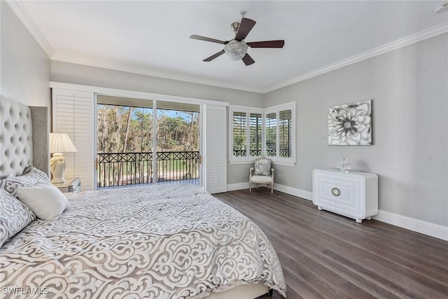 bedroom featuring baseboards, ornamental molding, dark wood-style floors, a ceiling fan, and access to outside