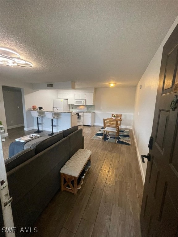 living room with hardwood / wood-style floors and a textured ceiling