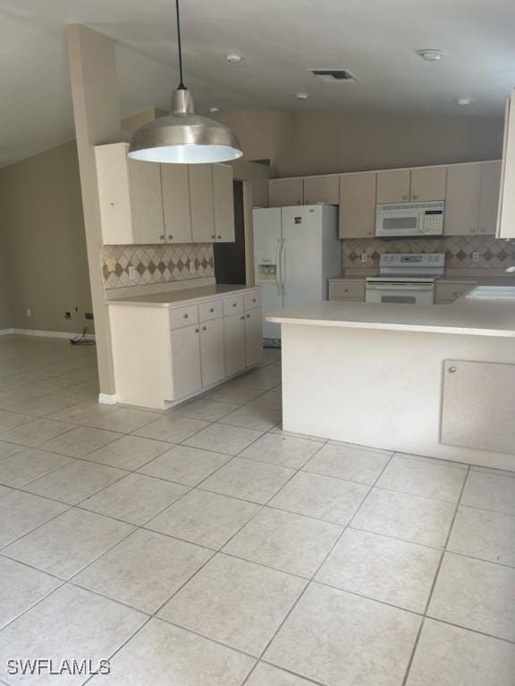 kitchen featuring sink, pendant lighting, white appliances, decorative backsplash, and light tile patterned floors