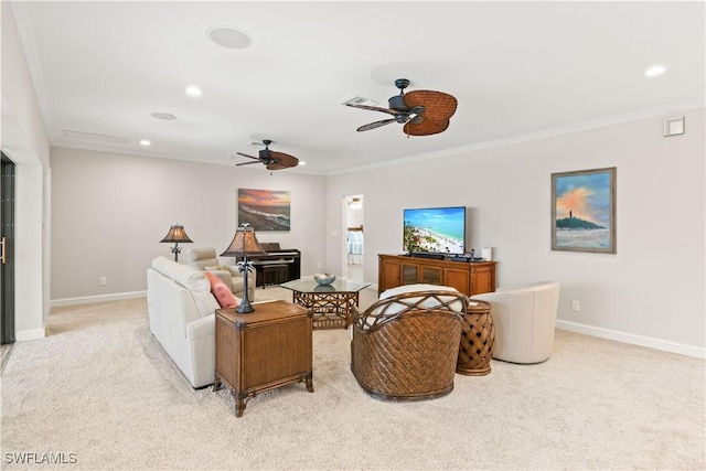 living room featuring light carpet and crown molding