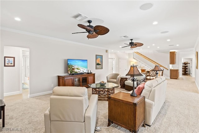 carpeted living room with crown molding