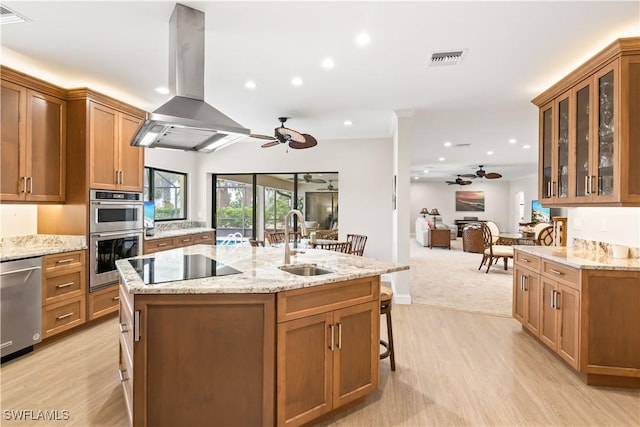 kitchen with light stone countertops, appliances with stainless steel finishes, island range hood, sink, and light hardwood / wood-style floors