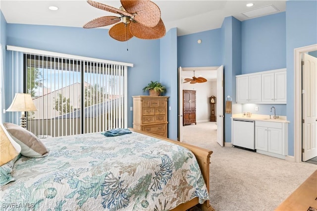 bedroom with ceiling fan, sink, high vaulted ceiling, light colored carpet, and access to outside