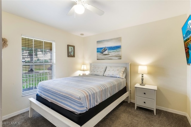 bedroom with ceiling fan and dark carpet