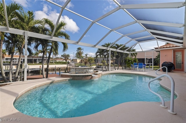 view of swimming pool with a lanai, a jacuzzi, a boat dock, area for grilling, and a patio