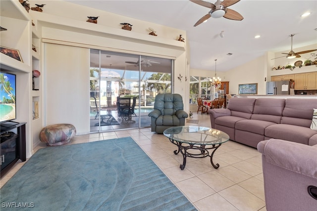 tiled living room featuring lofted ceiling, built in features, and a notable chandelier