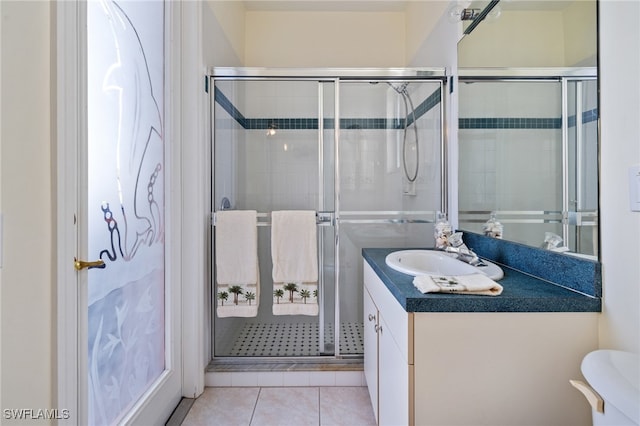 bathroom with tile patterned flooring, vanity, toilet, and a shower with door