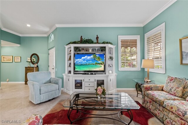 living room featuring ornamental molding and light tile patterned floors