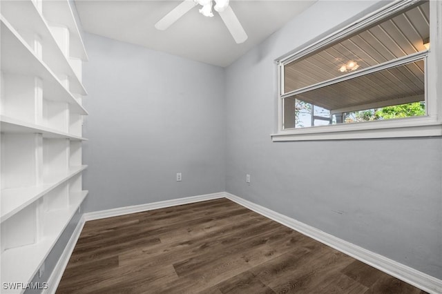 empty room featuring ceiling fan and dark wood-type flooring