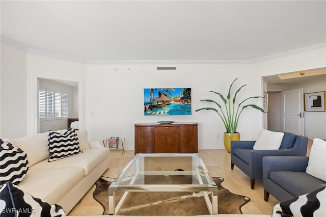 living room with crown molding