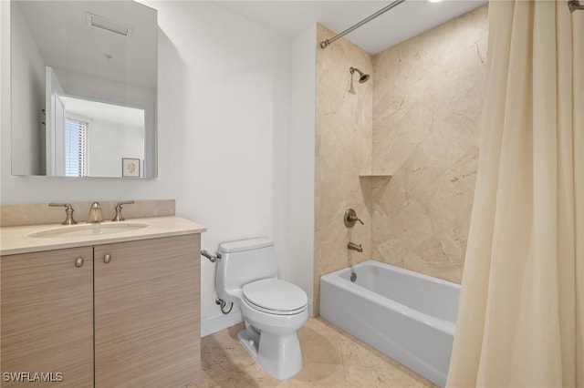 full bathroom featuring tile patterned flooring, shower / bath combo, toilet, and vanity