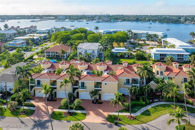 drone / aerial view with a water view