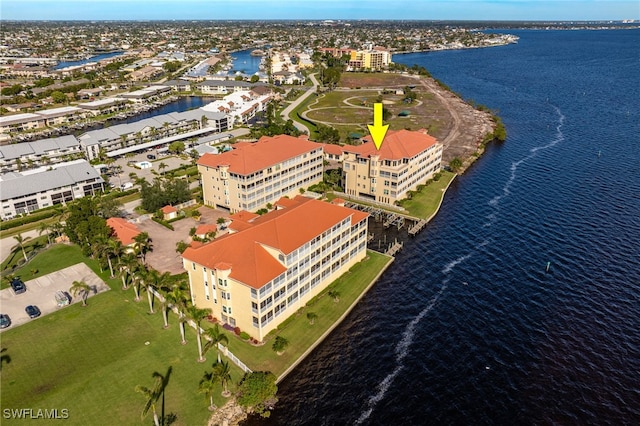 drone / aerial view featuring a water view