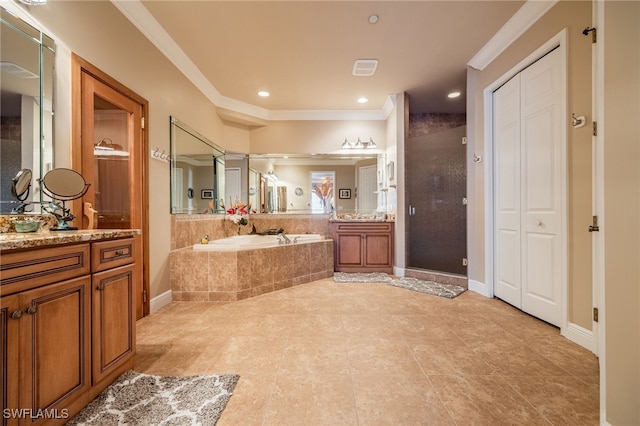 bathroom featuring separate shower and tub, vanity, and ornamental molding