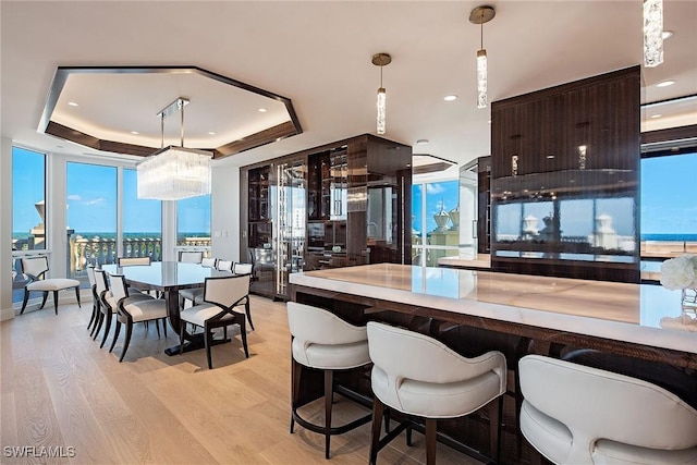 kitchen with floor to ceiling windows, dark brown cabinets, a tray ceiling, pendant lighting, and light hardwood / wood-style floors