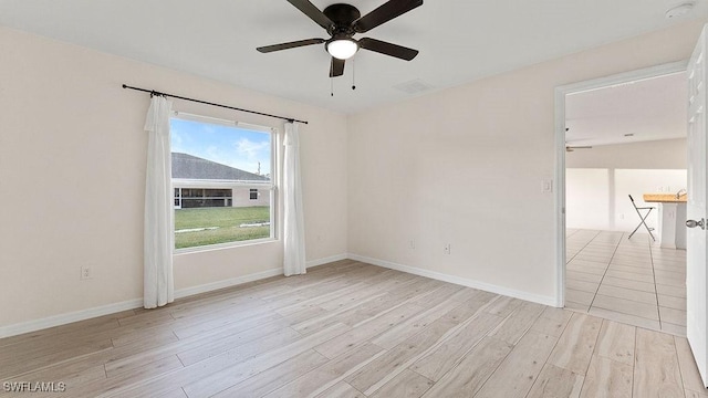 empty room featuring ceiling fan and light hardwood / wood-style floors