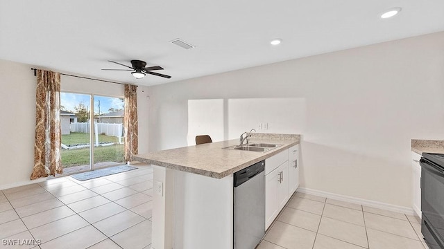 kitchen featuring kitchen peninsula, dishwasher, white cabinets, and sink