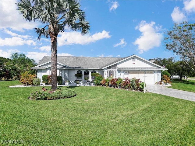 ranch-style home featuring a garage and a front lawn