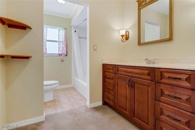 full bathroom with vanity, toilet, shower / bath combo with shower curtain, and ornamental molding