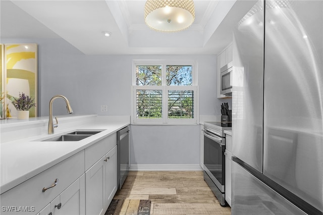 kitchen featuring white cabinets, sink, light hardwood / wood-style flooring, a tray ceiling, and stainless steel appliances