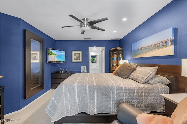 carpeted bedroom featuring ceiling fan