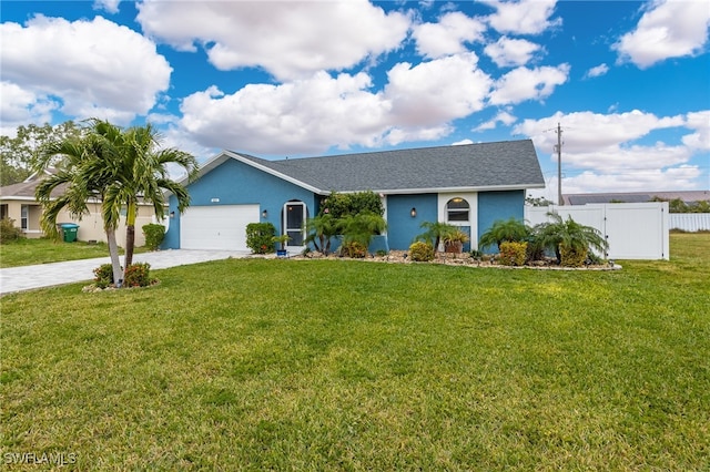 single story home with a garage and a front yard