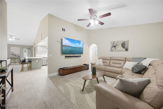 living room featuring ceiling fan