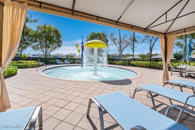 view of swimming pool featuring pool water feature and a patio area