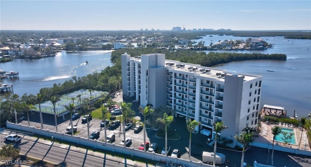 drone / aerial view with a water view