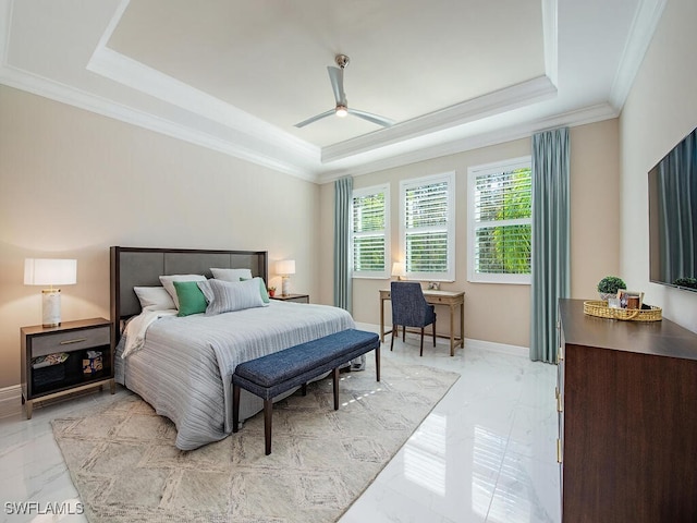 bedroom with a raised ceiling, ceiling fan, and crown molding