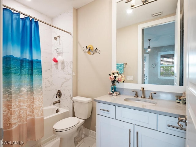 full bathroom featuring shower / bath combination with curtain, vanity, and toilet