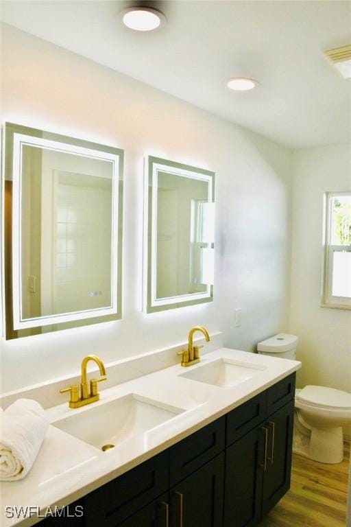 bathroom with vanity, hardwood / wood-style flooring, and toilet