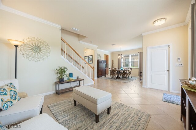 tiled living room featuring crown molding