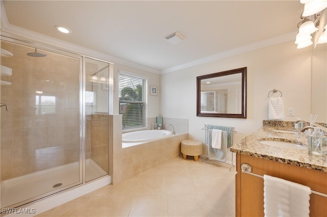 bathroom featuring separate shower and tub, tile patterned floors, vanity, and ornamental molding