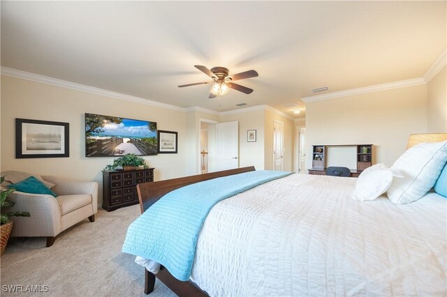 bedroom featuring light carpet, ceiling fan, and crown molding